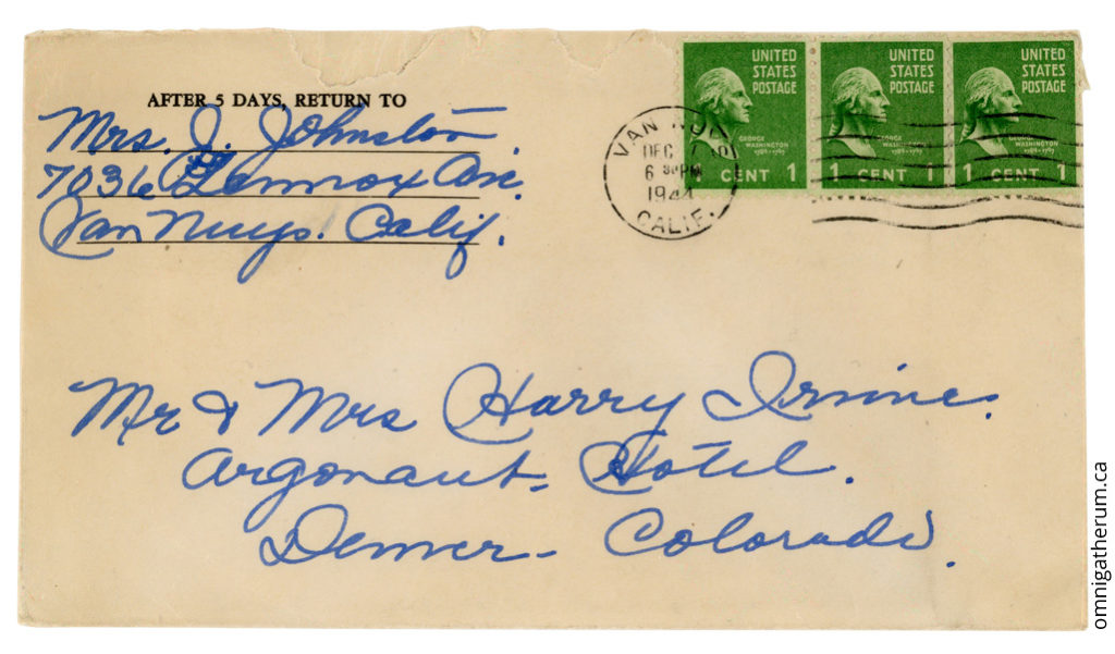 The cover for the December 7th, 1944 letter.